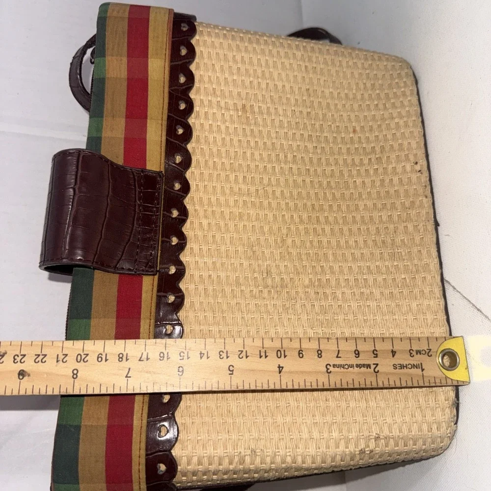 Vintage Brighton Style Y2K Handbag Brown Leather Hearts Trim Plaid Straw Purse